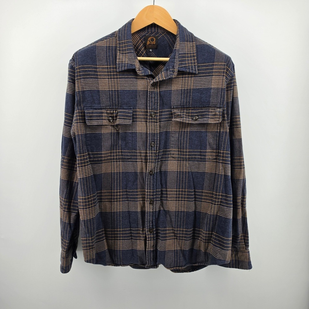 Overland Men XL Blue Tan Plaid Flannel Shirt Cotton Button Down Made in Portugal